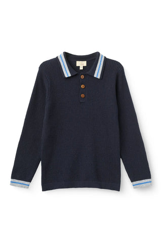 Long-Sleeved Knitted Waffle Polo (Navy)