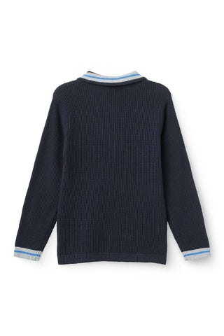 Long-Sleeved Knitted Waffle Polo (Navy)