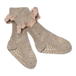 Non-Slip Socks Viscose-Bamboo Lace (Light Brown Melange) Sand Unisex - Socks GoBabyGo - Kuwait - Saudi Arabia
