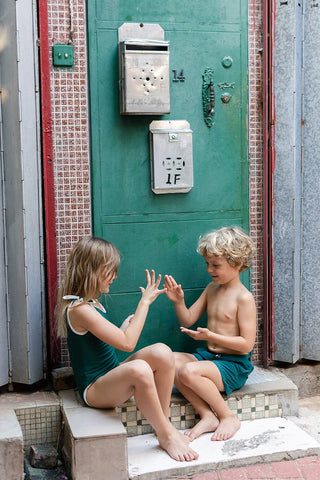 Elizabeth Swimsuit (Oxford Green) Girls - Swimsuits Petit Pommes - Kuwait - Saudi Arabia